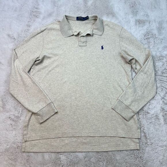 Polo Ralph Lauren Shirt Mens Large Beige Long Sleeve Tshirt Cotton Collar Stretc - Picture 1 of 10
